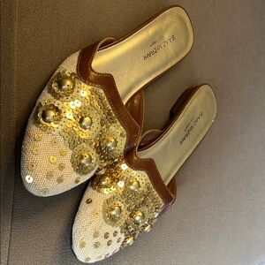Isaac Mizrahi Gold and Brown Mules with Glamorous Embellishments